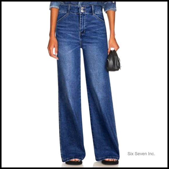 High Waisted Wide Leg Jeans Stretchy Tummy Control Straight Leg Denim Pants - Picture 3 of 6